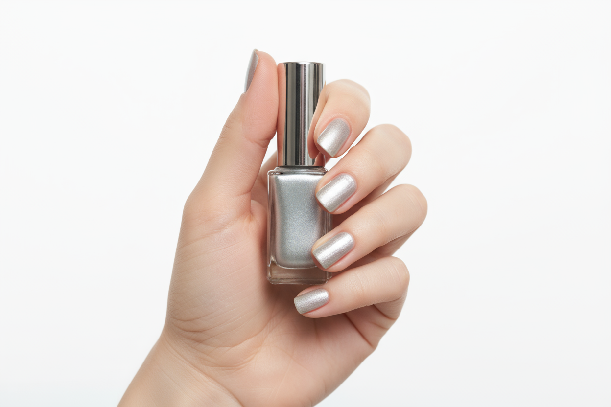 a hand holding a silver colored nail polish in white background
