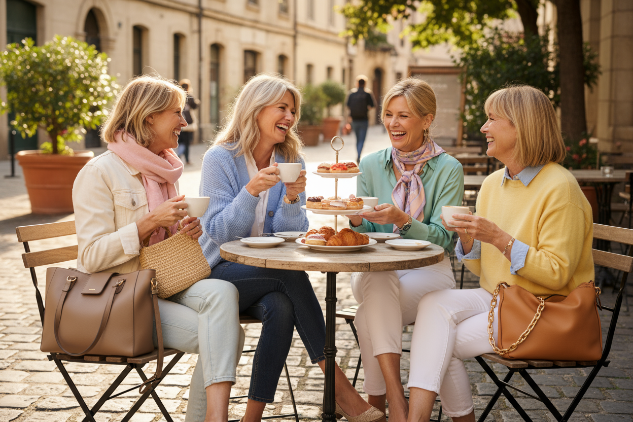 Four women in their 50s sitting at a café table outdoors, enjoying coffee and pastries. Their outfits mix soft pastels, light denim, and classic accessories like scarves and statement bags. Warm afternoon light and an unposed, authentic feel — like genuine friends meeting up.